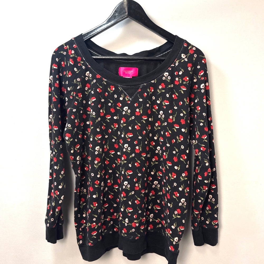 Victorias Secret Black Floral Thermal Waffle Knit Scoop Neck Top XL